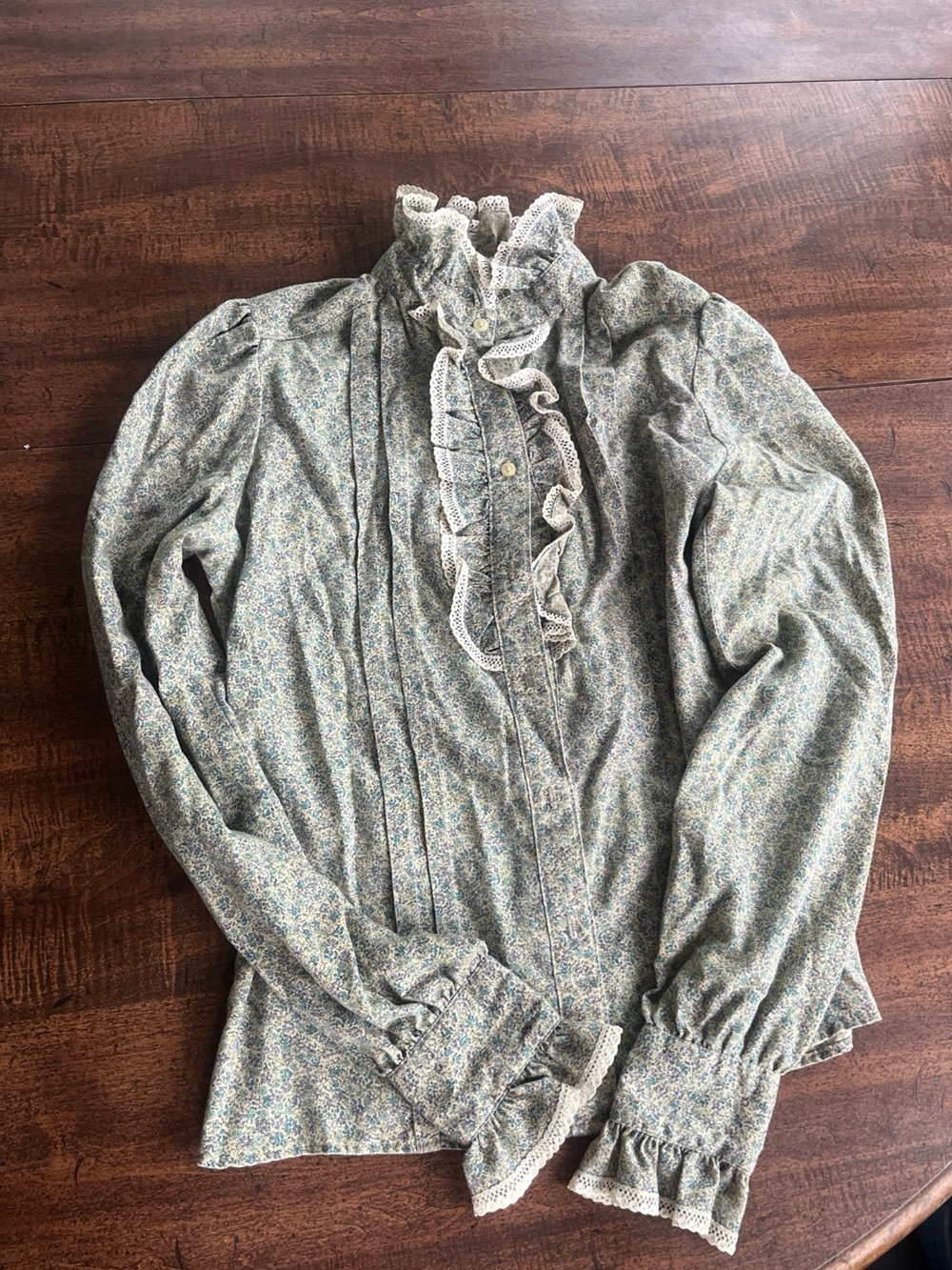 Vintage Prairie Cottagecore Floral Ruffle Lace Pintuck Blouse Size 11 Read Flaw